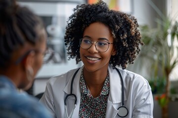 A smiling healthcare provider engages in a friendly conversation with a patient in a bright, inviting office. The atmosphere is warm, promoting open communication and trust