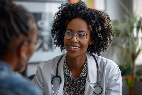 A smiling healthcare provider engages in a friendly conversation with a patient in a bright, inviting office. The atmosphere is warm, promoting open communication and trust