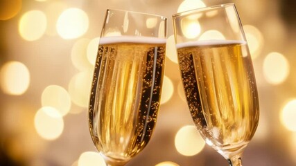 Two champagne flutes clinking in celebration with golden lights, perfect for special occasions filled with love and togetherness. Cheers to happiness and fun.