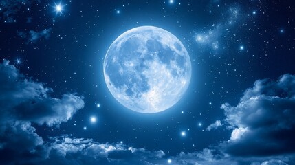 A bright, full moon with tiny stars around it.