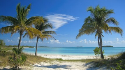 Coconut trees and blue sky looking  beach.