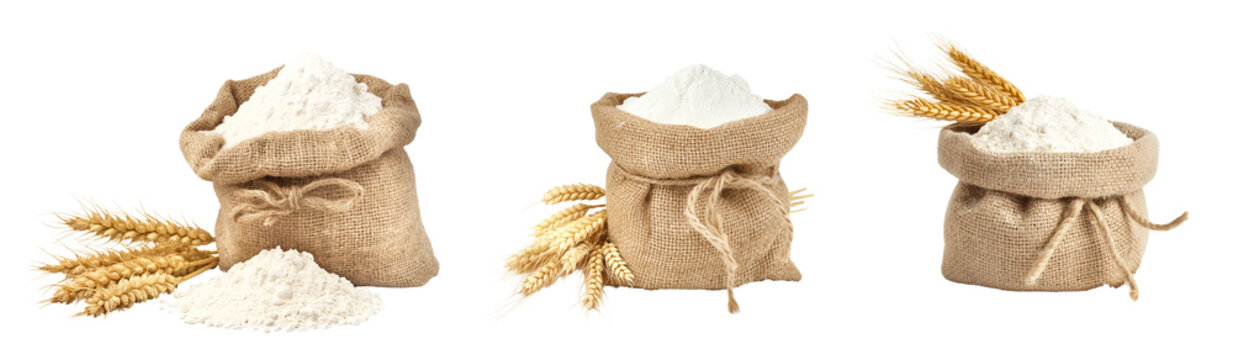 Burlap sack of flour with wheat ears cutout png isolated on transparent background