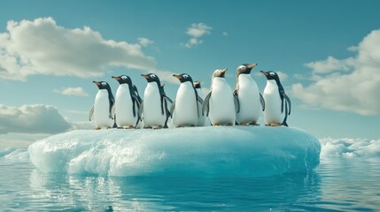 A group of penguins dressed in formal attire stands elegantly on an iceberg, poised for a celebratory event in the serene Antarctic waters under a blue sky