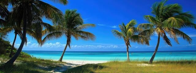 Coconut trees and blue sky looking  beach.