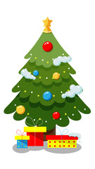 Christmas tree with colorful gifts, ornaments, snow and top star with transprent background