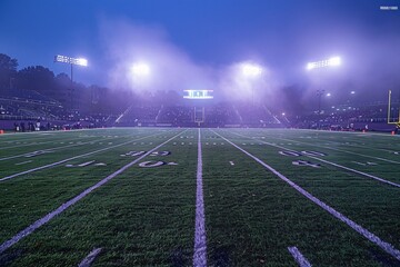The football field is enveloped in mist during a serene evening, with stadium lights shining brightly above. Fans are likely gathered in the stands, ready for an exciting game