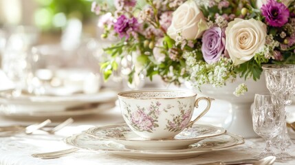 A beautifully set table featuring fine china and a floral centerpiece for a special occasion.