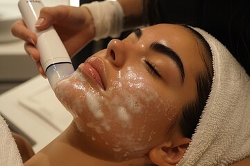 A client enjoys a soothing facial cleansing treatment at a spa. The skin is being gently cleansed with a device while bubbles form, indicating a deep cleaning procedure
