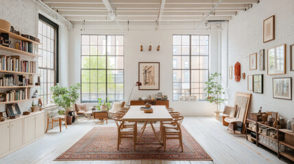 Obraz premium A spacious and bright living area featuring large windows, wooden dining table, and stylish furniture. room is adorned with plants and artwork, creating warm and inviting atmosphere