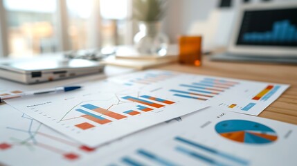 Fototapeta premium A financial dashboard showing multiple graphs, including line graphs and bar charts, with data points and percentages, all displayed on a clean white interface