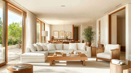Fototapeta premium A bright and airy living room featuring spacious white sectional sofa, wooden furniture, and large windows that invite natural light. serene atmosphere is enhanced by greenery visible outside