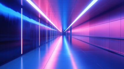 Vibrant corridor illuminated by neon blue and pink lights in a modern urban setting at nighttime