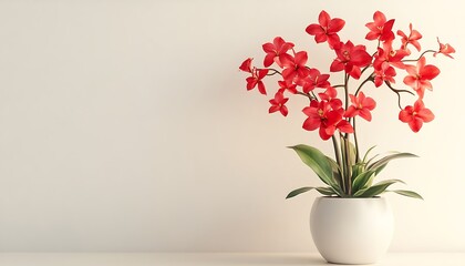 Fototapeta premium Red Orchid in a White Pot Against a Minimalist Background