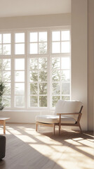 Fototapeta premium A bright and airy living space featuring large windows that allow natural light to flood in, highlighting cozy armchair and serene view of greenery outside