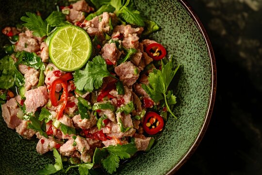 Vibrant and Flavorful Thai Larb Salad with Minced Meat Herbs Lime and Chili