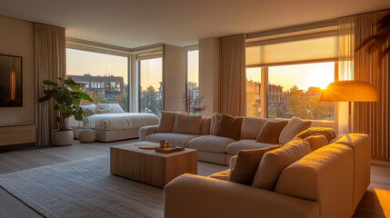 Fototapeta premium A modern living room bathed in warm sunset light, featuring spacious sofa, wooden coffee table, and large windows with view. atmosphere is cozy and inviting, perfect for relaxation