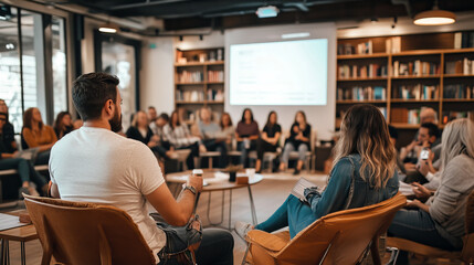 Engaged participants in modern meeting space, focused on presentation. atmosphere is collaborative and dynamic, fostering discussion and idea sharing