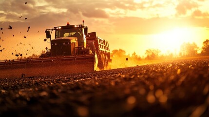 Fototapeta premium A tractor working in a field during sunset, creating dust and preparing the soil.