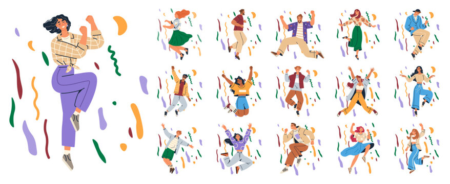 Celebration concept. A diverse group of people enjoying themselves, dancing, and jumping surrounded by colorful confetti. Ideal for party themes, multiculturalism, celebrations, joy, and festivals