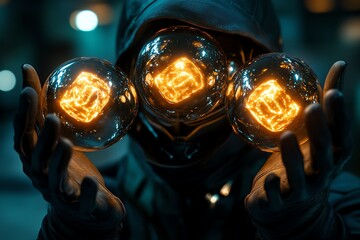 A mystical figure sending messages through enchanted, glowing orbs, representing anonymous communication in a fantasy realm