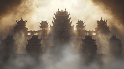 Shadows of the Past: Eerie Ancient Chinese Mythology Castle with Wandering Spirits in Misty Landscape