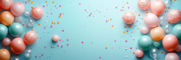 A frame of pastel-colored balloons and confetti on an aquamarine background, creating a festive...