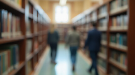 Obraz premium Blurred image of library interior with bookshelves. Information search concept