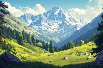 Fototapeta premium Mountainous Landscape with Snow-Capped Peaks and Lush Valley