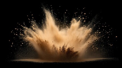 Sand explosion isolated on black background. Freeze motion of sandy dust splash