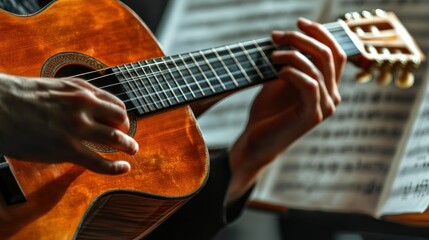 Fototapeta premium Close-up of a hand playing a guitar with sheet music in the background.