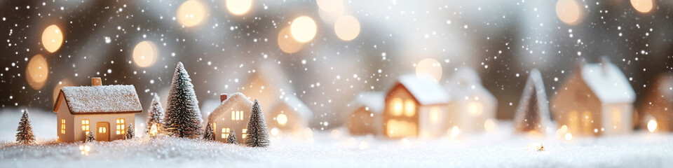 A serene winter scene featuring miniature houses and trees blanketed in snow, illuminated by soft lights. gentle snowfall adds magical touch to this cozy landscape