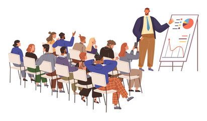 A speaker stands next to a flip chart presenting data to a seated audience. Attendees appear engaged, some raising hands to ask questions. Ideal for business, education, workshops, seminars, and team