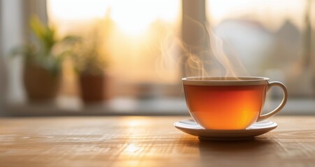 Fototapeta premium Steaming Cup Of Tea With Sunset Background At Home