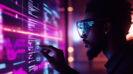 A woman wearing futuristic augmented reality glasses examines glowing data panels in a modern tech workspace