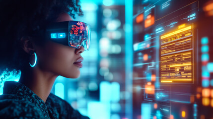 A woman wearing futuristic augmented reality glasses examines glowing data panels in a modern tech workspace