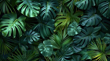 A top view of lush tropical leaves on a dark background