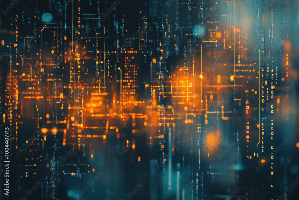 Poster glowing digital matrix of binary code and vibrant circuitry illuminating the dark with futuristic te