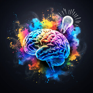 Watercolor human brain exploding with knowledge and creativity. Generative AI