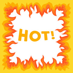 Fiery flames surround the word HOT on a vibrant yellow background. Ideal for warning signs, safety notices, marketing materials, educational content, and temperature-sensitive packaging. Simple