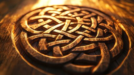 Intricate celtic knotwork carved into ancient oak illuminated by soft golden light. Celtic Knotwork. Illustration