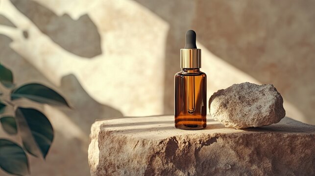 Skin serum bottle next to natural stone against bright