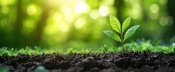Young green plant sprout growing from fertile soil against blurred nature background with golden sunlight, symbol of new beginnings and environmental sustainability