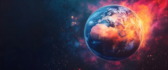 Earth surrounded by fiery nebula. Global climate change, environmental challenges and the fragility of our planet in space
