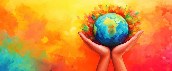 Colorful painting of hands holding Earth. Banner with copy space