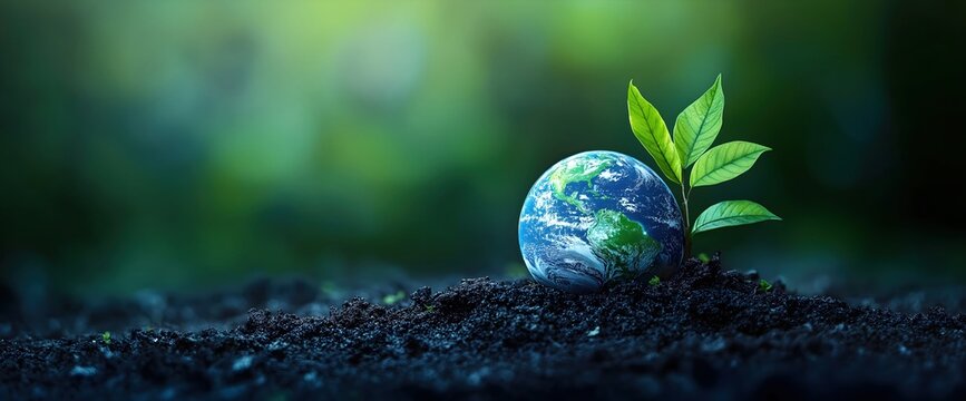 Miniature earth nestled in soil with growing green plant. Sustainable development and ecological awareness. Place for text