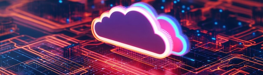 A vibrant digital cloud symbol set against a circuit board background, representing modern technology and cloud computing.