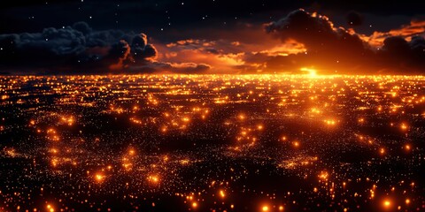 Fototapeta premium A breathtaking sunset view over a luminous city, with vibrant lights sparkling against a dramatic sky filled with clouds.