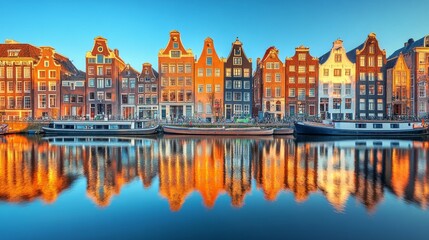 Obraz premium Scenic view of a canal with historic buildings and a boat in Amsterdam during sunset