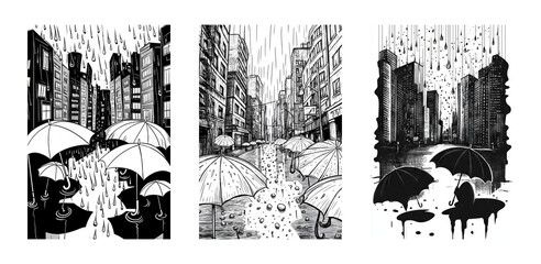 Obraz premium City rainfall illustrations featuring umbrellas in urban settings