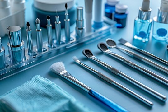 A variety of dental instruments and supplies are organized neatly on a blue surface, ready for use during a dental cleaning procedure in a clinical environment, showcasing precision tools